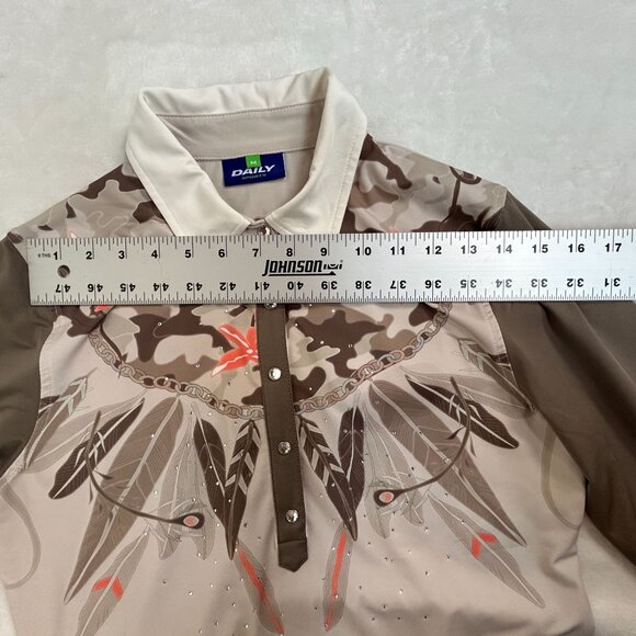 Daily Sports Womens Camo Feather Long Sleeve Polo Shirt Medium Beige Rhinestones - Picture 5 of 9